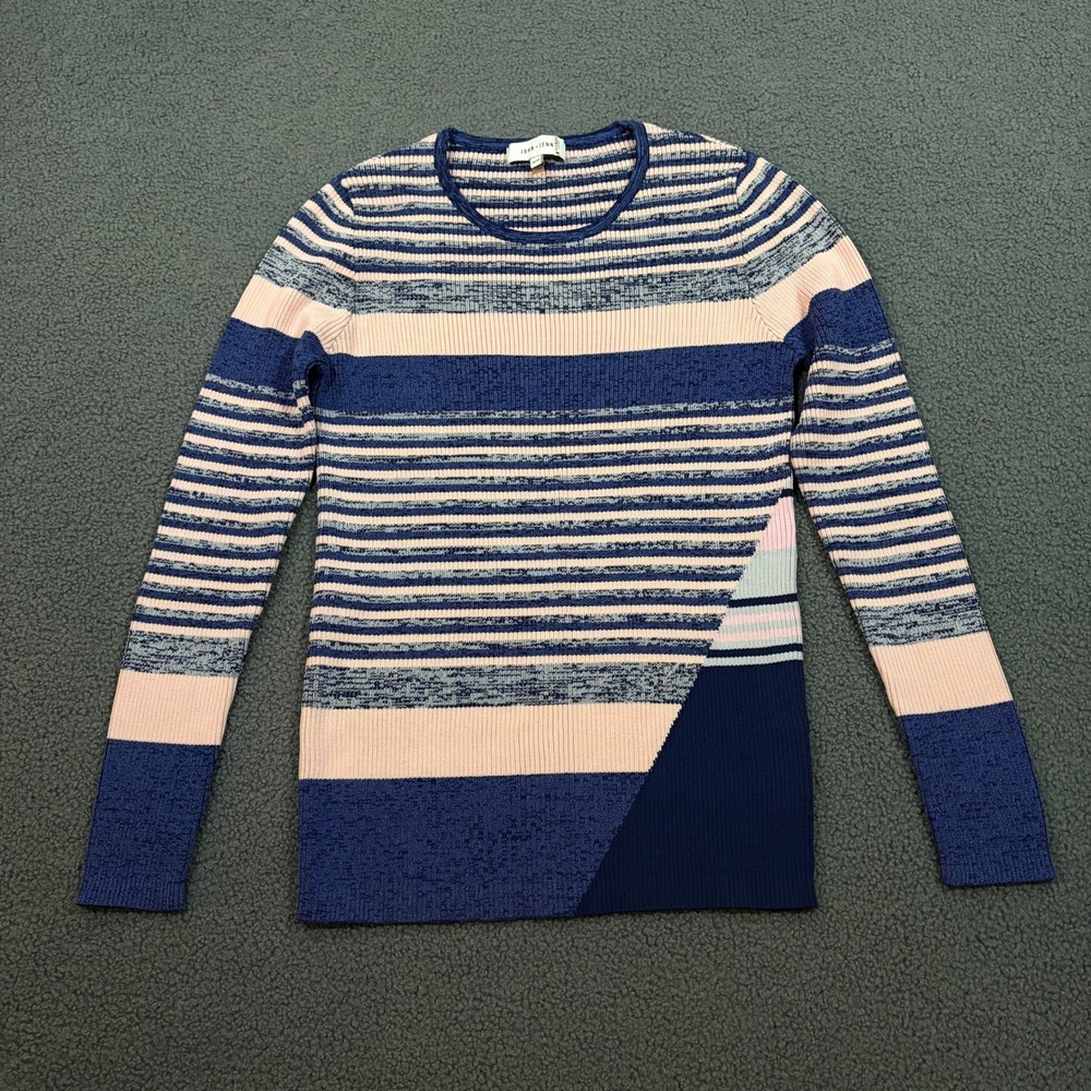 John + Jenn Sweater Womens Medium Blue Pink Striped Ribbed Knit Colorblock Crew